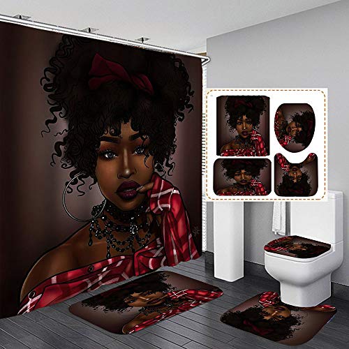 Black Girl Shower Curtains Sets for Bathroom ,4 Pcs African American Afro Women Bath Decor with Washable Toilet Lid Cover, Non-Slip Rugs, Absorbent Bath Mats and Waterproof Shower Curtain with Hooks