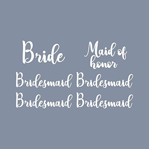 Set of 6 Vinyl Art Decals - Bride Bridesmaid Maid of Honor - from 0.5" to 3" Each - for Phone Case Heels Shoes Hangers Wedding Decor (White)