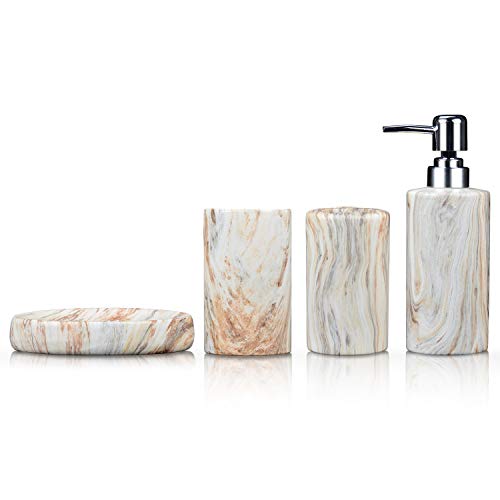 Marble Bathroom Accessories Set Ceramic - Including 4 Piece White Marble Bathroom Accessory Set Soap Dispenser, Toothbrush Holder, Tumbler, Soap Dish, The Best Gift Choice