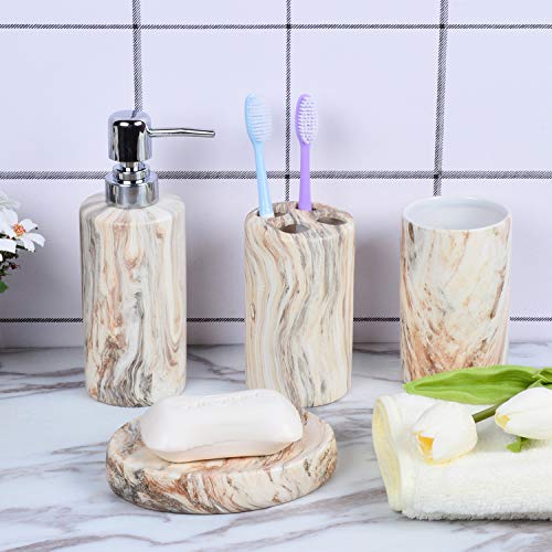 Marble Bathroom Accessories Set Ceramic - Including 4 Piece White Marble Bathroom Accessory Set Soap Dispenser, Toothbrush Holder, Tumbler, Soap Dish, The Best Gift Choice