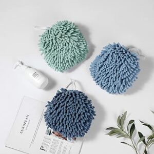 nulubuu soft absorbent chenille ball towel sets, quick dry hand, towels for bathroom/kitchen pack of 3 (mint green+light blue+blue)