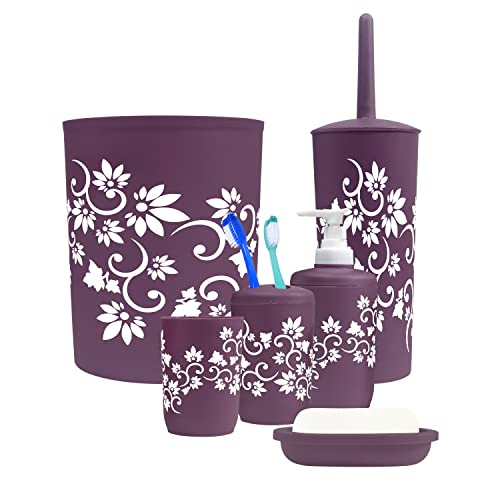 Blue Donuts Bathroom Accessories Set Complete, Toilet Brush and Holder, Trash Can, Toothbrush Holder, Purple, 7 Pieces