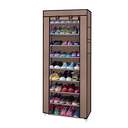 MallMall 10 Tiers Shoe Rack with Dustproof Cover Closet ,30-Pair Shoes Rack Storage Cabinet Organizer (Coffee)