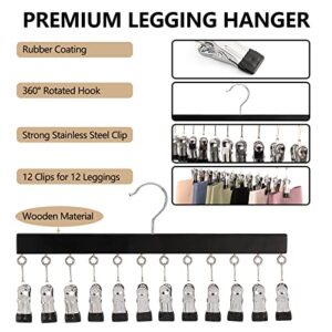 CINPIUK Legging Organizer for Closet, Wooden Hangers with Clips Holds 12 Leggings/Yoga Pants/Jeans/Skirts, Hanging Pants Hangers w/Rubber Coated Clips Space Saving Closet Organizer, Black