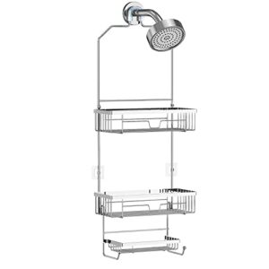 elbourn shower caddy over shower head, bathroom hanging shower organizer with hooks, sus201 stainless steel shower storage rack 3 shelves for shampoo, soap and razor - silver