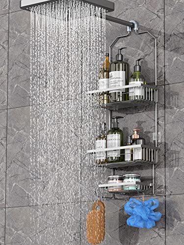 Elbourn Shower Caddy Over Shower Head, Bathroom Hanging Shower Organizer with Hooks, SUS201 Stainless Steel Shower Storage Rack 3 Shelves for Shampoo, Soap and Razor - Silver