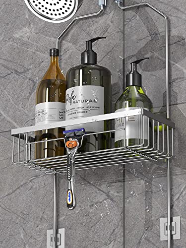 Elbourn Shower Caddy Over Shower Head, Bathroom Hanging Shower Organizer with Hooks, SUS201 Stainless Steel Shower Storage Rack 3 Shelves for Shampoo, Soap and Razor - Silver