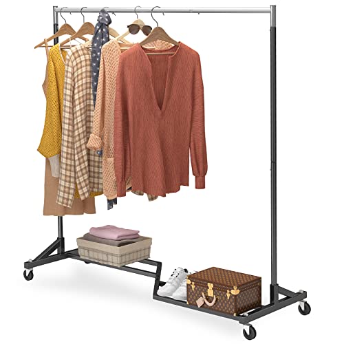 Mr IRONSTONE Long Clothes Rack, Heavy Duty Clothing Rack with X Base, Garment Rack on Wheels with Brakes, Commercial Clothes Racks for Hanging Clothes, Rolling Clothes Rack with Storage Shelf