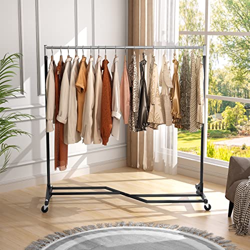 Mr IRONSTONE Long Clothes Rack, Heavy Duty Clothing Rack with X Base, Garment Rack on Wheels with Brakes, Commercial Clothes Racks for Hanging Clothes, Rolling Clothes Rack with Storage Shelf