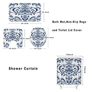 RyounoArt 4Pcs Damask Print Shower Curtain Sets with Non-Slip Rugs Toilet Lid Cover and Bath Mat Navy Blue Floral Paisley Shower Curtain Indigo Abstract Flowers Boho Style Bathroom Decor