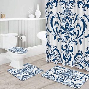 RyounoArt 4Pcs Damask Print Shower Curtain Sets with Non-Slip Rugs Toilet Lid Cover and Bath Mat Navy Blue Floral Paisley Shower Curtain Indigo Abstract Flowers Boho Style Bathroom Decor