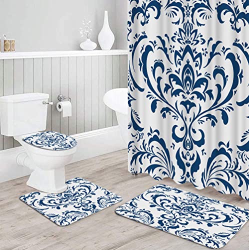 RyounoArt 4Pcs Damask Print Shower Curtain Sets with Non-Slip Rugs Toilet Lid Cover and Bath Mat Navy Blue Floral Paisley Shower Curtain Indigo Abstract Flowers Boho Style Bathroom Decor