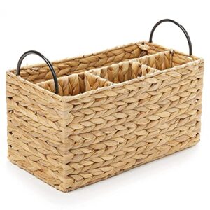 Americanflat Water Hyacinth Basket with Handles - Multipurpose Storage Organizer Caddy - 1 Large and 3 Small Compartments (Natural Color)