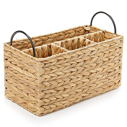 Americanflat Water Hyacinth Basket with Handles - Multipurpose Storage Organizer Caddy - 1 Large and 3 Small Compartments (Natural Color)