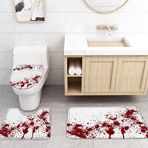 Shower Curtain Set with Bathroom Rugs Halloween Theme Horrible Bloody Fingerprint Bloodstain Bathroom Rugs Set 4 Piece,Non-Slip Rugs,Toilet Lid Cover and Bath Mat,Waterproof Shower Curtain for Tub