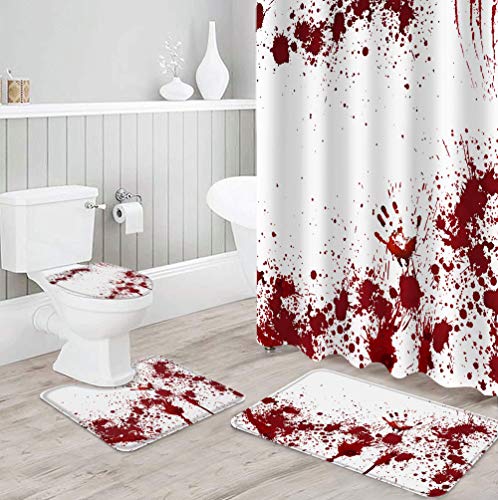 Shower Curtain Set with Bathroom Rugs Halloween Theme Horrible Bloody Fingerprint Bloodstain Bathroom Rugs Set 4 Piece,Non-Slip Rugs,Toilet Lid Cover and Bath Mat,Waterproof Shower Curtain for Tub