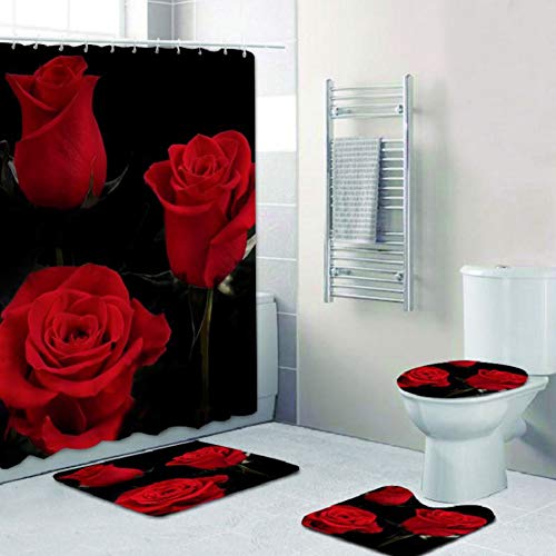 4 PCS Valentine's Day Shower Curtain Set, 3D Romantic Rose Style Printing Shower Curtain Set for Home Hotel Bathroom Decoration