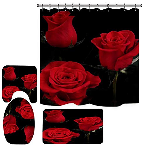 4 PCS Valentine's Day Shower Curtain Set, 3D Romantic Rose Style Printing Shower Curtain Set for Home Hotel Bathroom Decoration
