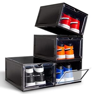 hiyohiyo 4 pack drop front shoe box, shoe boxes stackable sneaker containers magnetic box drop front shoe organizer shoes cases display bins for living room fit up to size 12 (13.4x 9.8x 7.1) (black)