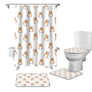 big buy store 4 pcs shower curtain sets cute puppy corgi butt waterproof fabic bathroom set with non-slip rugs toilet lid cover bath mat cartoon animal shower curtain with hooks -72x72 inch large