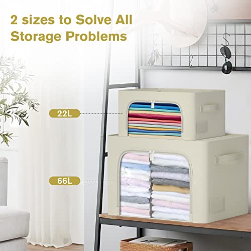 2 Pack Clothes Storage Bins, Stackable Oxford Frame Storage Box, Clothing Organizer Containers, Foldable Storage Bag for Closet, Living Room with Clear Window.(Light Grey,19.7*15.7*13inch,66L)