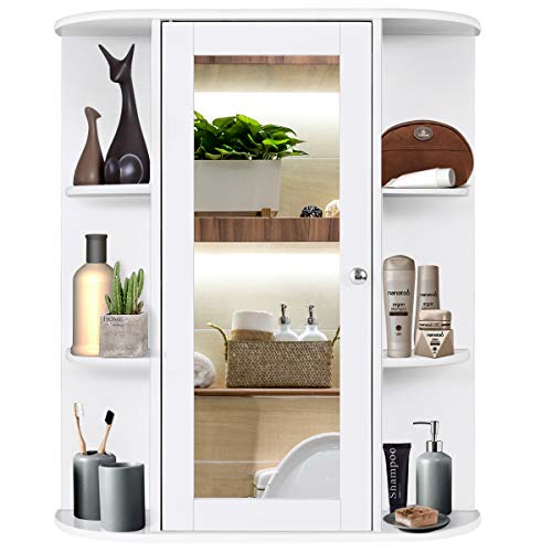 Tangkula Bathroom Medicine Cabinet, Wall Mounted Bathroom Cabinet with Mirror Door and Shelves, Wooden Hanging Wall Mirror Cabinet for Bathroom Laundry Living Room (White)