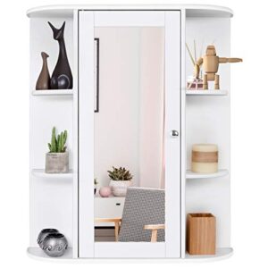 Tangkula Bathroom Medicine Cabinet, Wall Mounted Bathroom Cabinet with Mirror Door and Shelves, Wooden Hanging Wall Mirror Cabinet for Bathroom Laundry Living Room (White)