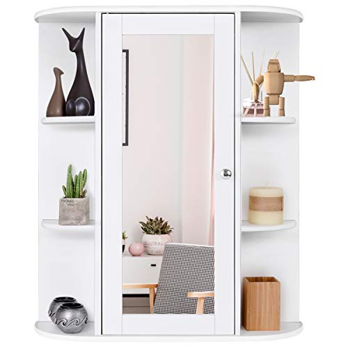 Tangkula Bathroom Medicine Cabinet, Wall Mounted Bathroom Cabinet with Mirror Door and Shelves, Wooden Hanging Wall Mirror Cabinet for Bathroom Laundry Living Room (White)