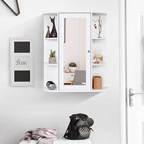 Tangkula Bathroom Medicine Cabinet, Wall Mounted Bathroom Cabinet with Mirror Door and Shelves, Wooden Hanging Wall Mirror Cabinet for Bathroom Laundry Living Room (White)