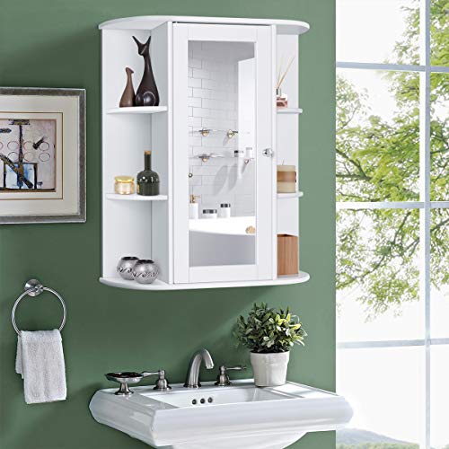 Tangkula Bathroom Medicine Cabinet, Wall Mounted Bathroom Cabinet with Mirror Door and Shelves, Wooden Hanging Wall Mirror Cabinet for Bathroom Laundry Living Room (White)