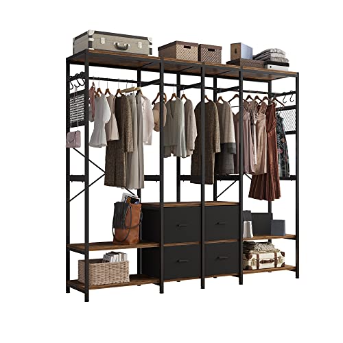 Independent Wardrobe Manager - Heavy Duty Garment Rack with 4 Drawers and 6 Hooks - Freestanding Closet Shelves Organizer - Wardrobe Clothes Organizer with Hanging Rod - Industrial Clothing Rack