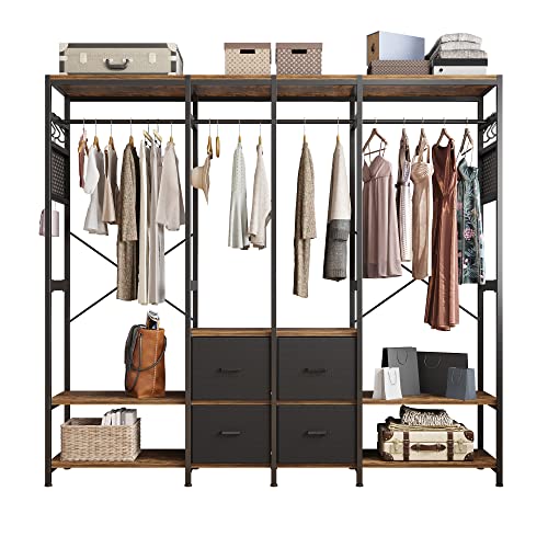 Independent Wardrobe Manager - Heavy Duty Garment Rack with 4 Drawers and 6 Hooks - Freestanding Closet Shelves Organizer - Wardrobe Clothes Organizer with Hanging Rod - Industrial Clothing Rack