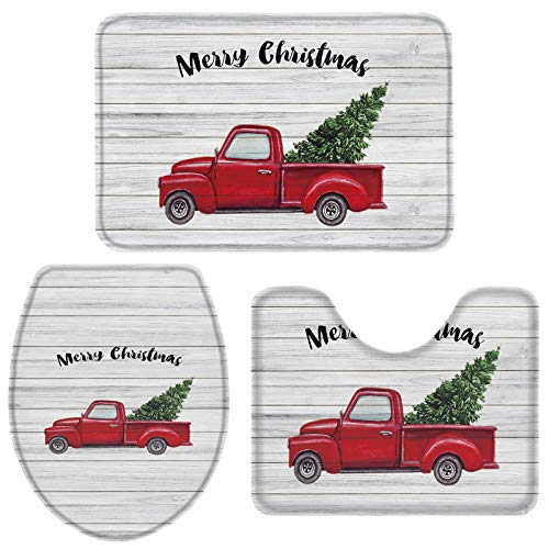 Fancyine 3 Pieces Bath Rugs Sets Winter Christmas Farm Red Truck Soft Non-Slip Absorbent Toilet Seat Cover U-Shaped Toilet Mat for Bathroom Decor Rustic Wood Texture