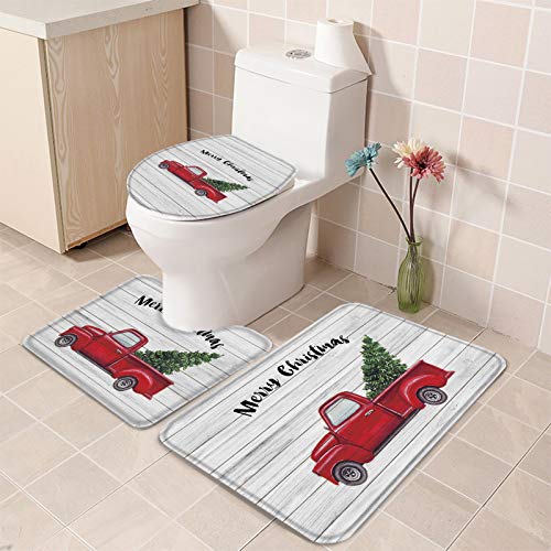 Fancyine 3 Pieces Bath Rugs Sets Winter Christmas Farm Red Truck Soft Non-Slip Absorbent Toilet Seat Cover U-Shaped Toilet Mat for Bathroom Decor Rustic Wood Texture