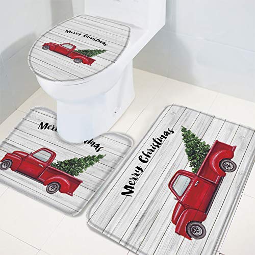 Fancyine 3 Pieces Bath Rugs Sets Winter Christmas Farm Red Truck Soft Non-Slip Absorbent Toilet Seat Cover U-Shaped Toilet Mat for Bathroom Decor Rustic Wood Texture