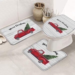 Fancyine 3 Pieces Bath Rugs Sets Winter Christmas Farm Red Truck Soft Non-Slip Absorbent Toilet Seat Cover U-Shaped Toilet Mat for Bathroom Decor Rustic Wood Texture