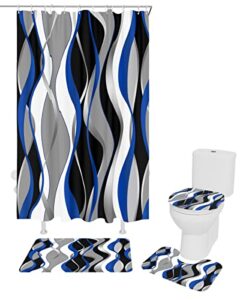 4 pieces blue black bathroom set grey and white striped 72x72 inch waterproof lines shower curtain set with non-slip soft geometric rugs for bathroom,abstract art bath mat and toilet lid cover