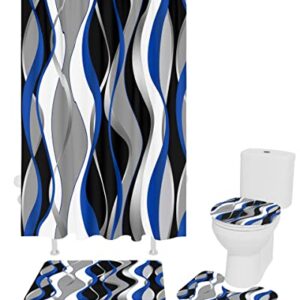 4 Pieces Blue Black Bathroom Set Grey and White Striped 72x72 inch Waterproof Lines Shower Curtain Set with Non-Slip Soft Geometric Rugs for Bathroom,Abstract Art Bath Mat and Toilet Lid Cover