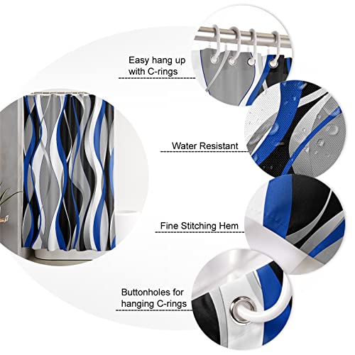 4 Pieces Blue Black Bathroom Set Grey and White Striped 72x72 inch Waterproof Lines Shower Curtain Set with Non-Slip Soft Geometric Rugs for Bathroom,Abstract Art Bath Mat and Toilet Lid Cover