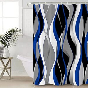 4 Pieces Blue Black Bathroom Set Grey and White Striped 72x72 inch Waterproof Lines Shower Curtain Set with Non-Slip Soft Geometric Rugs for Bathroom,Abstract Art Bath Mat and Toilet Lid Cover