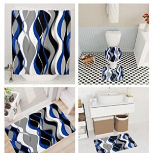 4 Pieces Blue Black Bathroom Set Grey and White Striped 72x72 inch Waterproof Lines Shower Curtain Set with Non-Slip Soft Geometric Rugs for Bathroom,Abstract Art Bath Mat and Toilet Lid Cover