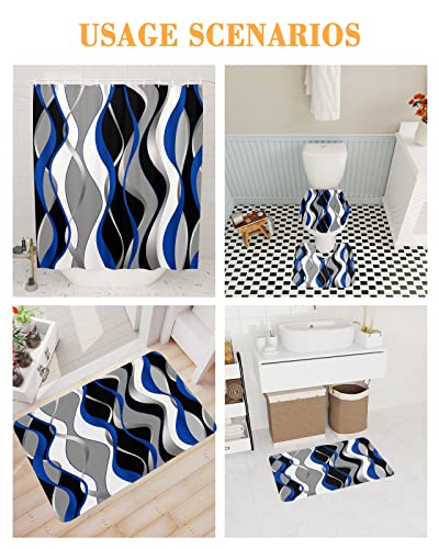 4 Pieces Blue Black Bathroom Set Grey and White Striped 72x72 inch Waterproof Lines Shower Curtain Set with Non-Slip Soft Geometric Rugs for Bathroom,Abstract Art Bath Mat and Toilet Lid Cover