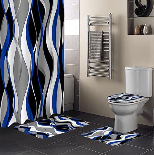 4 Pieces Blue Black Bathroom Set Grey and White Striped 72x72 inch Waterproof Lines Shower Curtain Set with Non-Slip Soft Geometric Rugs for Bathroom,Abstract Art Bath Mat and Toilet Lid Cover