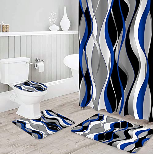 4 Pieces Blue Black Bathroom Set Grey and White Striped 72x72 inch Waterproof Lines Shower Curtain Set with Non-Slip Soft Geometric Rugs for Bathroom,Abstract Art Bath Mat and Toilet Lid Cover