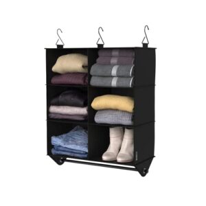 closetmaid 6-shelf fabric hanging closet organizer with garment rod for shirts, sweaters, pants, hats, shoes, purses with charcoal black finish