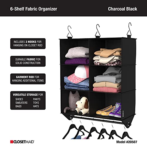 ClosetMaid 6-Shelf Fabric Hanging Closet Organizer with Garment Rod for Shirts, Sweaters, Pants, Hats, Shoes, Purses with Charcoal Black Finish