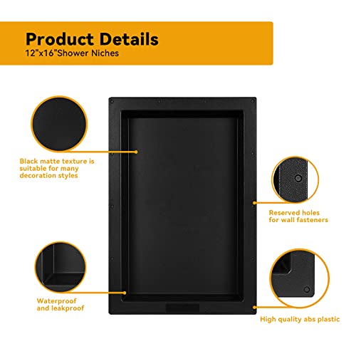 CKB Shower Niche Insert Storage Shelf, 12” x16”, Single Niche Black.