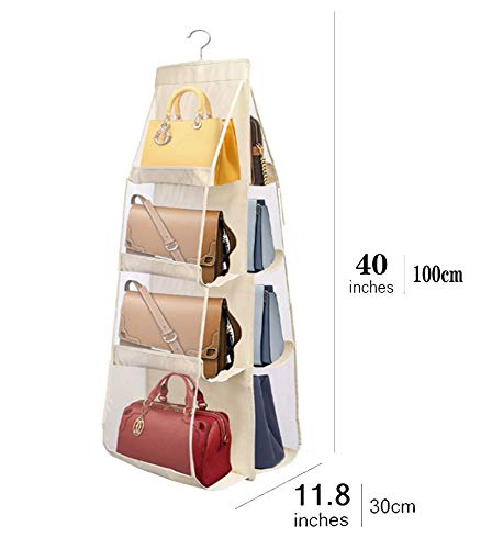 PIKACHENG Hanging Handbag Purse Organizer, Homewares Nonwoven 8Pockets Hanging Closet Storage Bag,Transparent Dust-Proof Wardrobe Closet Storage Bag (Light Yellow)