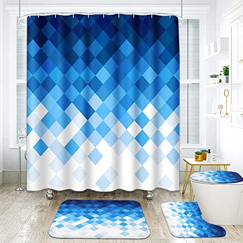 Geometric Blue Grid Triangle Abstract Bathroom Sets with Shower Curtain and Rugs and Accessories, Contemporary Blue Shower Curtain Sets, Blue Shower Curtains for Bathroom,Blue Bathroom Decor 4 Pcs