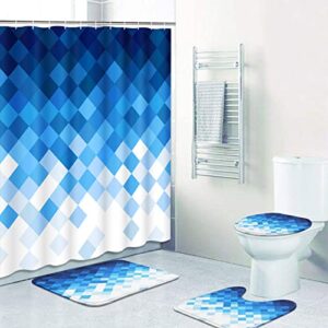 Geometric Blue Grid Triangle Abstract Bathroom Sets with Shower Curtain and Rugs and Accessories, Contemporary Blue Shower Curtain Sets, Blue Shower Curtains for Bathroom,Blue Bathroom Decor 4 Pcs